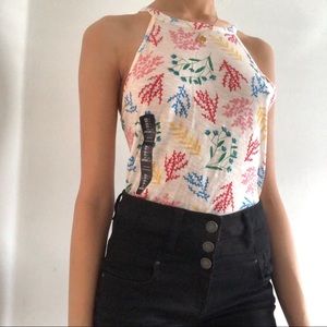 White High Neck Tank W/  Colourful Floral Pattern